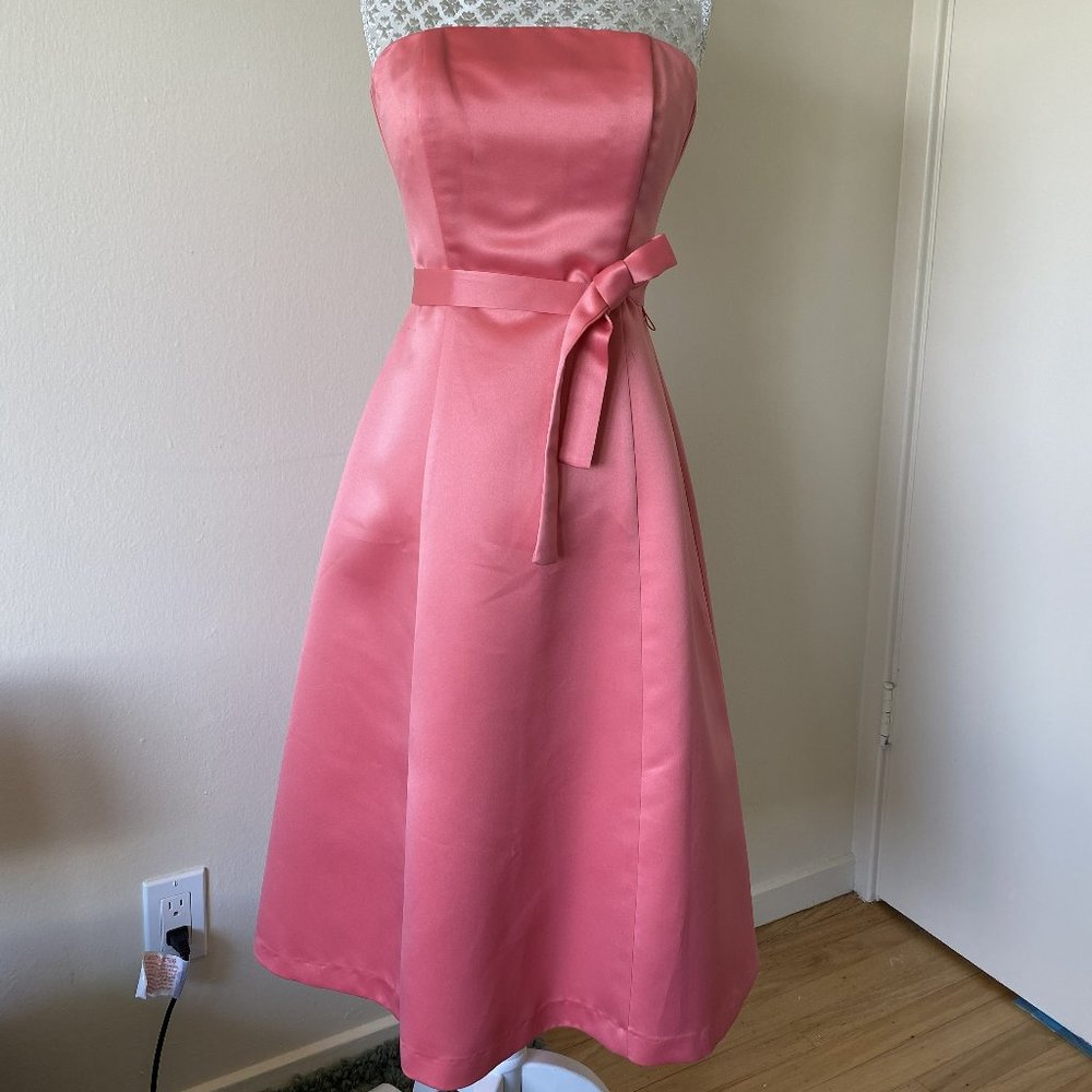 Custom Juniors strapless silk midi dress with waist tie